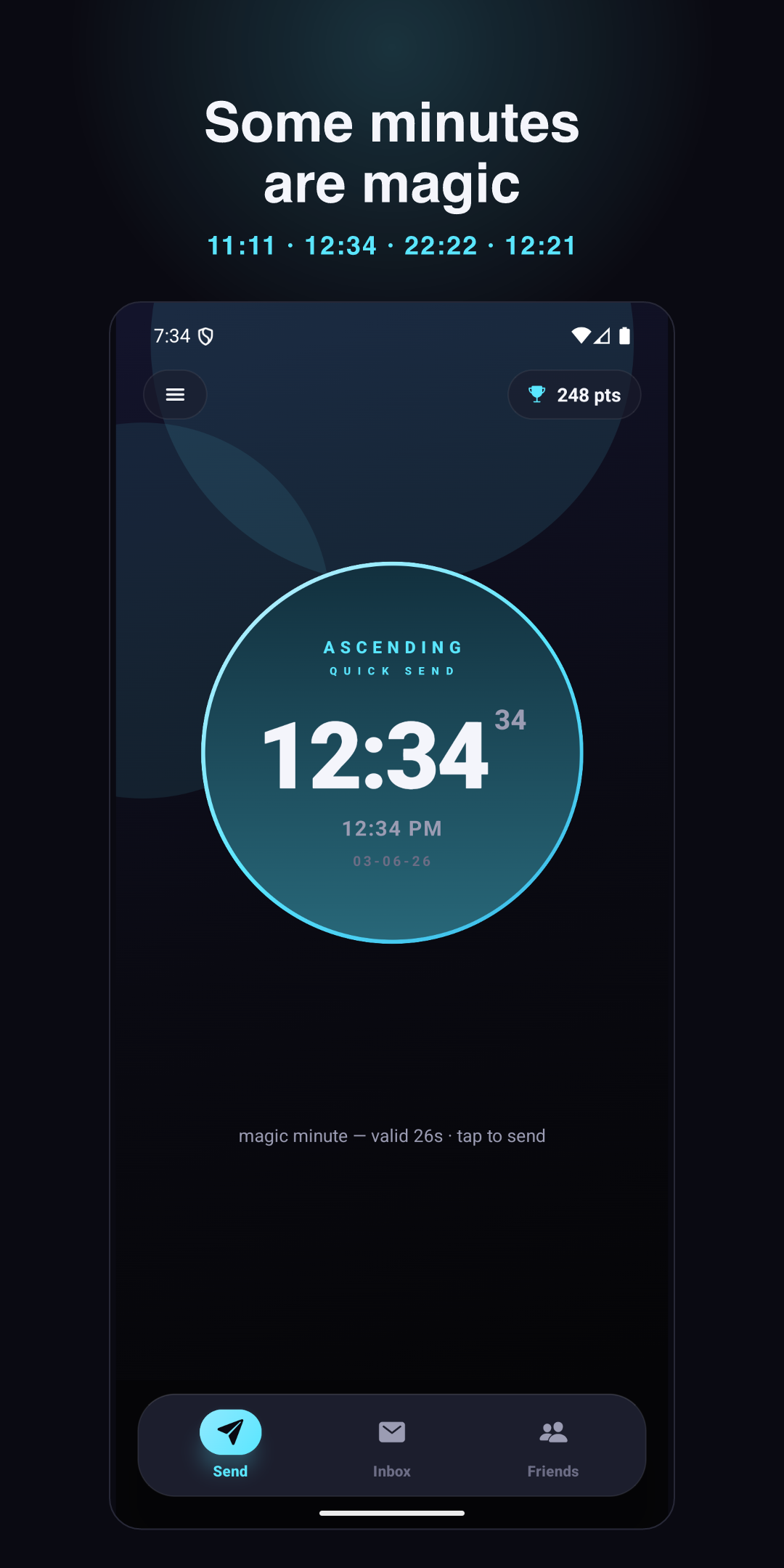 Sync home screen lit up on a magic minute, 12:34