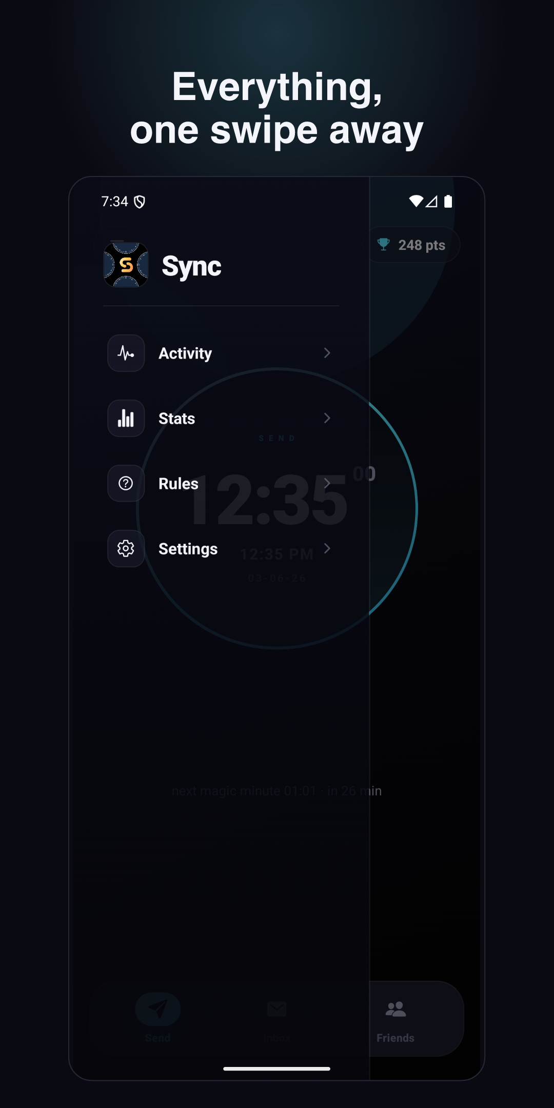 The side menu — Activity, Stats, Rules and Settings, one swipe away