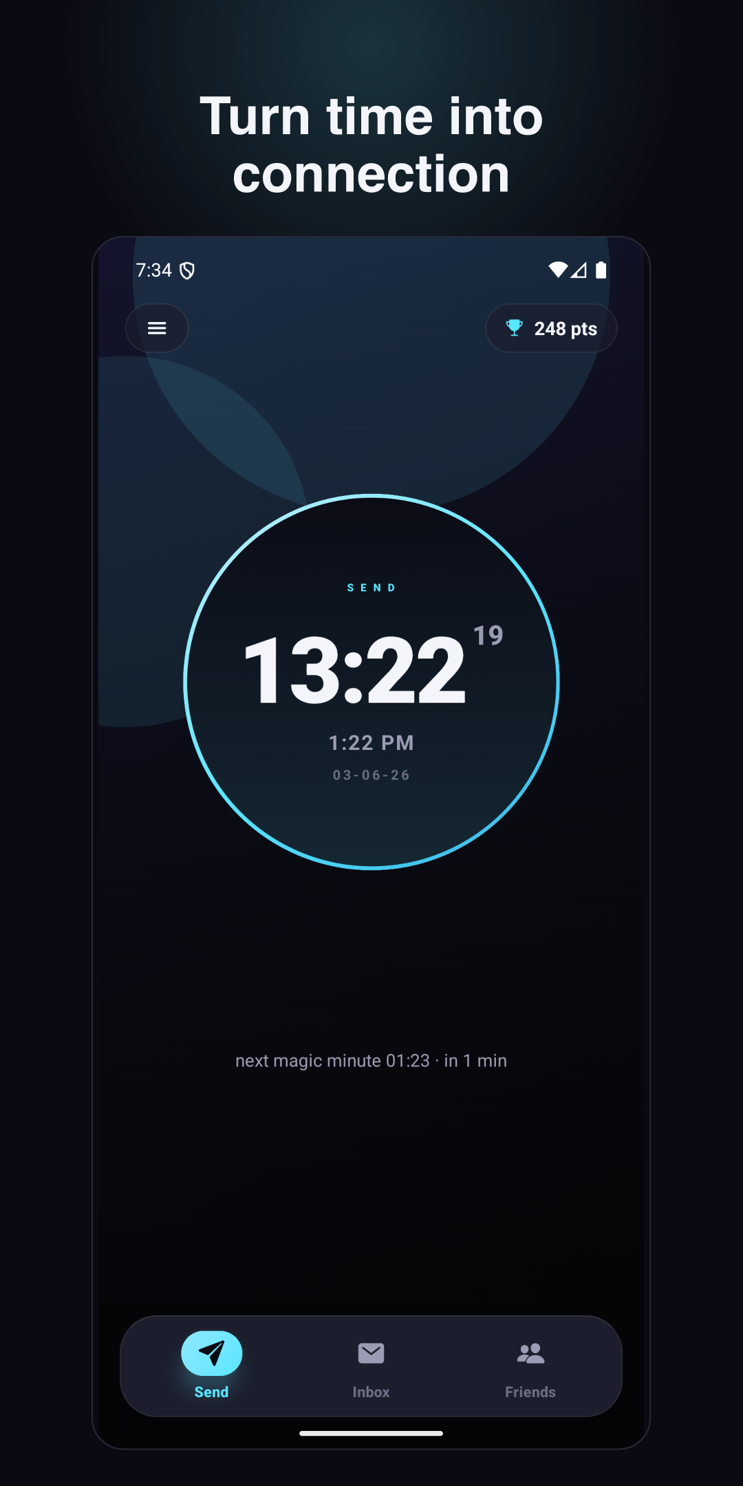 Sync home screen — tap to send a magic minute to a friend